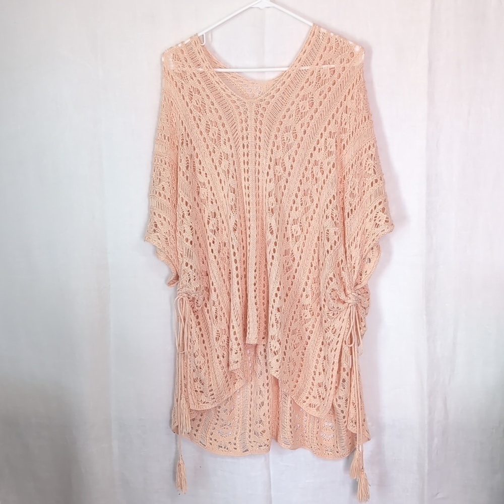 🍉 Peach Open Knit Crocheted Poncho Ruched Tie Sides Bohemian One Size